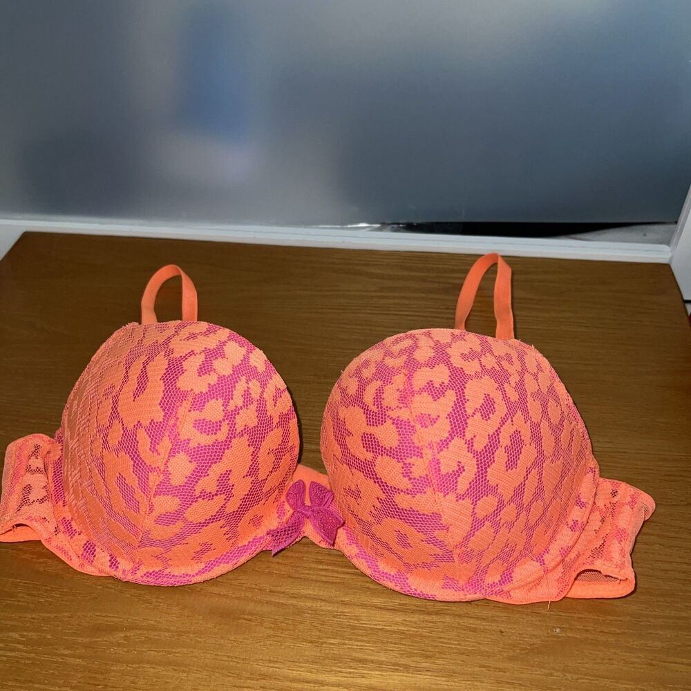 VICTORIA'S SECRET VERY SEXY FLIRT DEMI BRA 36 B ORANGE NEON ANIMAL PRINT PUSH UP